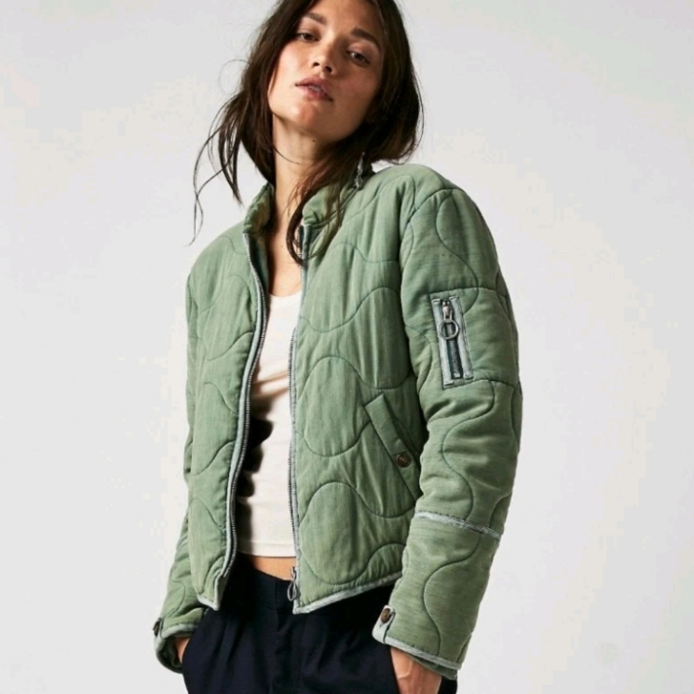Free People Aura Liner Jacket Women L Boho Indie Grunge Green Hipster Y2K Bomber